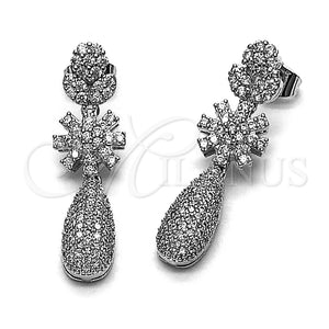 Rhodium Gold Filled Long Earring, Flower and Teardrop Design, with White Cubic Zirconia and White Micro Pave, Polished, Rhodium Finish, 02.346.0026