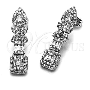 Rhodium Gold Filled Long Earring, Flower and Cluster Design, with White Cubic Zirconia and White Micro Pave, Polished, Rhodium Finish, 02.346.0027