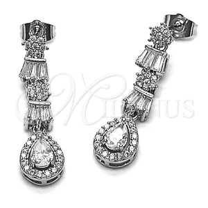 Rhodium Gold Filled Long Earring, Teardrop and Baguette Design, with White Cubic Zirconia and White Micro Pave, Polished, Rhodium Finish, 02.346.0028