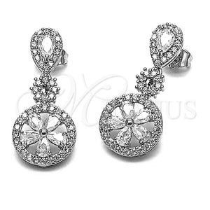Rhodium Gold Filled Long Earring, Flower and Teardrop Design, with White Cubic Zirconia and White Micro Pave, Polished, Rhodium Finish, 02.346.0029