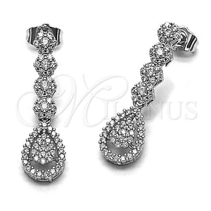 Rhodium Gold Filled Long Earring, Teardrop and Flower Design, with White Cubic Zirconia, Polished, Rhodium Finish, 02.346.0030