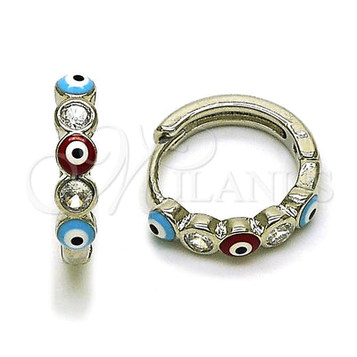 Rhodium Gold Filled Huggie Hoop, Evil Eye Design, with White Cubic Zirconia, Multicolor Enamel Finish, Rhodium Finish, 02.310.0126.15