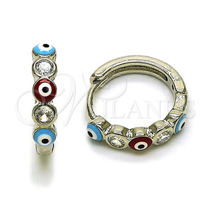 Rhodium Gold Filled Huggie Hoop, Evil Eye Design, with White Cubic Zirconia, Multicolor Enamel Finish, Rhodium Finish, 02.310.0126.15