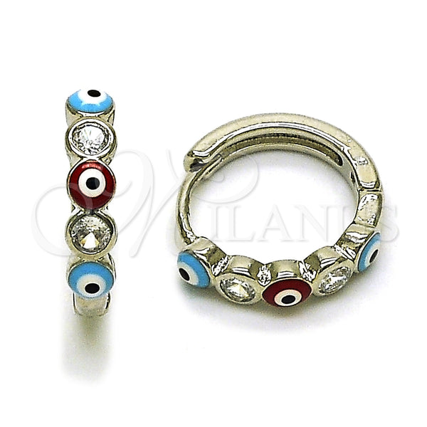 Rhodium Gold Filled Huggie Hoop, Evil Eye Design, with White Cubic Zirconia, Multicolor Enamel Finish, Rhodium Finish, 02.310.0126.15