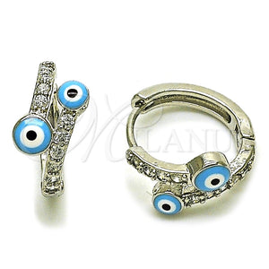 Rhodium Gold Filled Huggie Hoop, Evil Eye Design, with White Cubic Zirconia, Azul claro Enamel Finish, Rhodium Finish, 02.310.0129.15