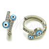 Rhodium Gold Filled Huggie Hoop, Evil Eye Design, with White Cubic Zirconia, Azul claro Enamel Finish, Rhodium Finish, 02.310.0129.15