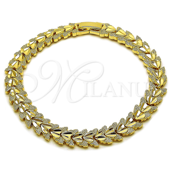 Oro Laminado Solid Bracelet, Gold Filled Style Heart Design, Diamond Cutting Finish, Golden Finish, 03.100.0075.07 (Thickness, 8 Inches Length)