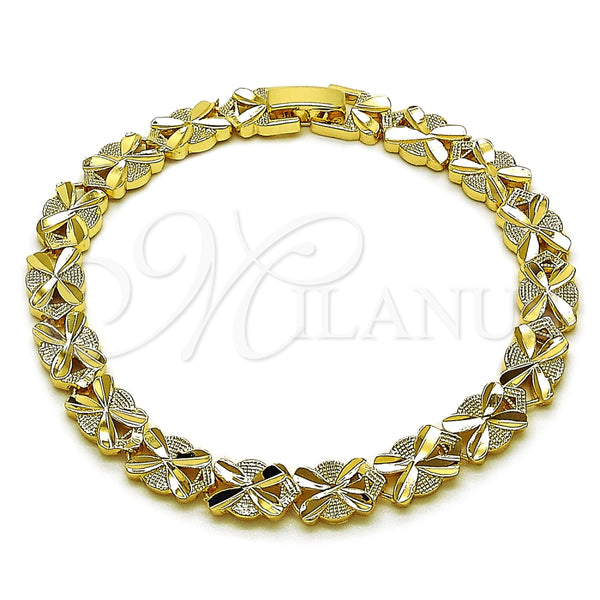 Oro Laminado Solid Bracelet, Gold Filled Style Heart Design, Diamond Cutting Finish, Golden Finish, 03.100.0076.08 (Thickness, 8 Inches Length)