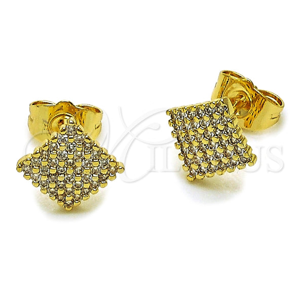 Oro Laminado Stud Earring, Gold Filled Style with White Micro Pave, Polished, Golden Finish, 02.100.0131