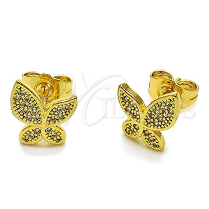 Oro Laminado Stud Earring, Gold Filled Style Butterfly Design, with White Micro Pave, Polished, Golden Finish, 02.100.0132