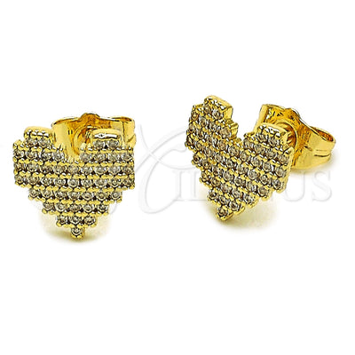 Oro Laminado Stud Earring, Gold Filled Style Heart Design, with White Micro Pave, Polished, Golden Finish for wholesale, main product view