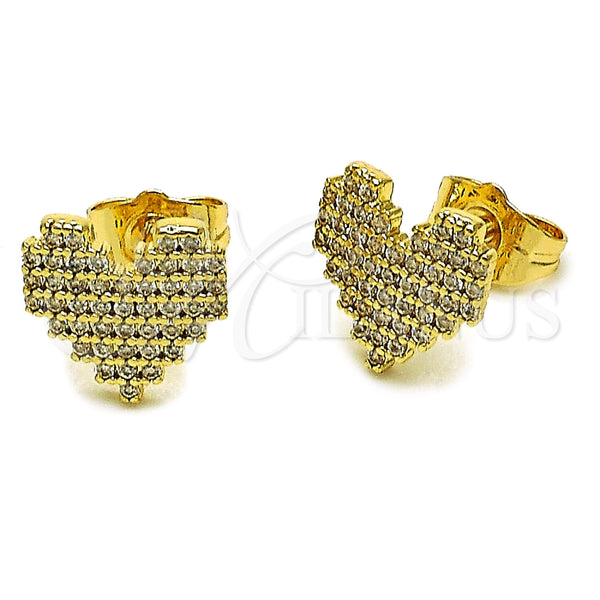 Oro Laminado Stud Earring, Gold Filled Style Heart Design, with White Micro Pave, Polished, Golden Finish, 02.100.0133