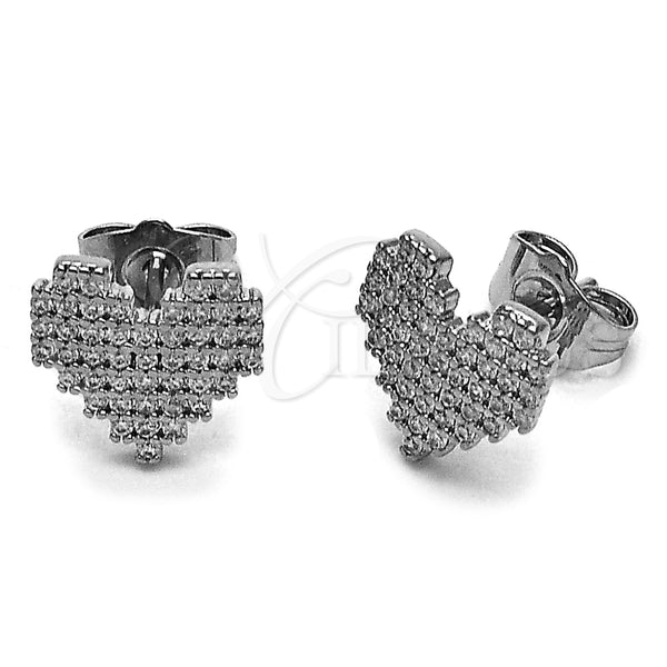 Rhodium Gold Filled Stud Earring, Heart Design, with White Micro Pave, Polished, Rhodium Finish, 02.100.0133.1
