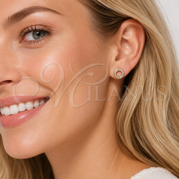 Oro Laminado Stud Earring, Gold Filled Style with White Micro Pave, Polished, Golden Finish, 02.100.0134