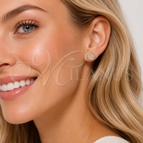 Oro Laminado Stud Earring, Gold Filled Style with White Micro Pave, Polished, Golden Finish, 02.100.0135