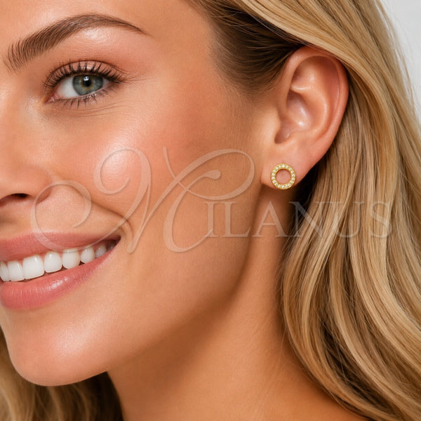 Oro Laminado Stud Earring, Gold Filled Style with White Micro Pave, Polished, Golden Finish, 02.100.0136