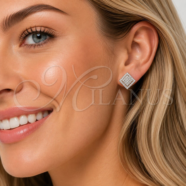 Oro Laminado Stud Earring, Gold Filled Style with White Micro Pave, Polished, Golden Finish, 02.100.0138