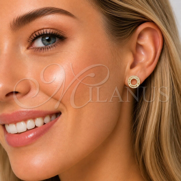 Oro Laminado Stud Earring, Gold Filled Style with White Micro Pave, Polished, Golden Finish, 02.100.0141