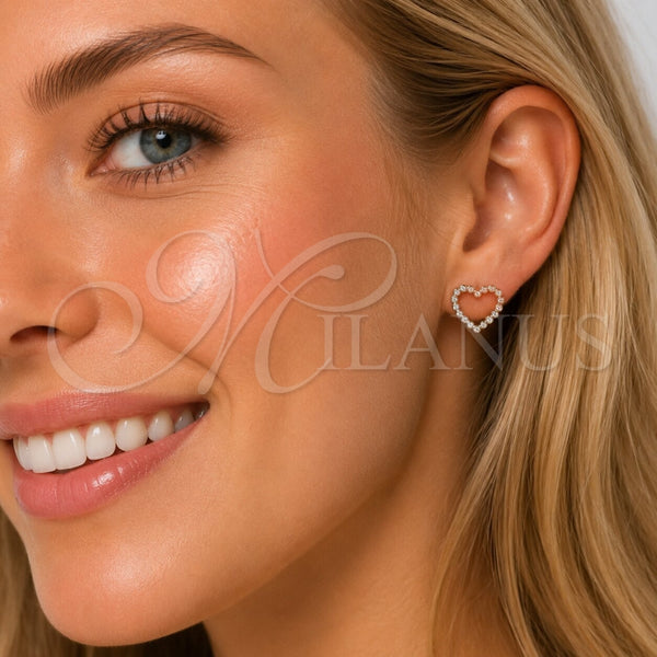 Oro Laminado Stud Earring, Gold Filled Style Heart Design, with White Cubic Zirconia, Polished, Golden Finish, 02.100.0142