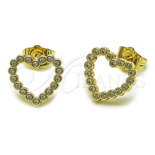 Oro Laminado Stud Earring, Gold Filled Style Heart Design, with White Cubic Zirconia, Polished, Golden Finish, 02.100.0142