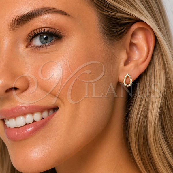 Oro Laminado Stud Earring, Gold Filled Style Teardrop Design, with White Micro Pave, Polished, Golden Finish, 02.100.0143