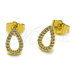 Oro Laminado Stud Earring, Gold Filled Style Teardrop Design, with White Micro Pave, Polished, Golden Finish, 02.100.0143