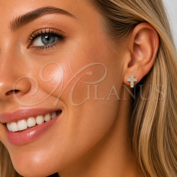 Oro Laminado Stud Earring, Gold Filled Style Cross Design, with White Micro Pave, Polished, Golden Finish, 02.100.0144