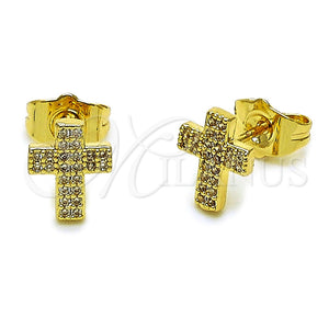 Oro Laminado Stud Earring, Gold Filled Style Cross Design, with White Micro Pave, Polished, Golden Finish, 02.100.0144