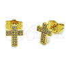 Oro Laminado Stud Earring, Gold Filled Style Cross Design, with White Micro Pave, Polished, Golden Finish, 02.100.0144