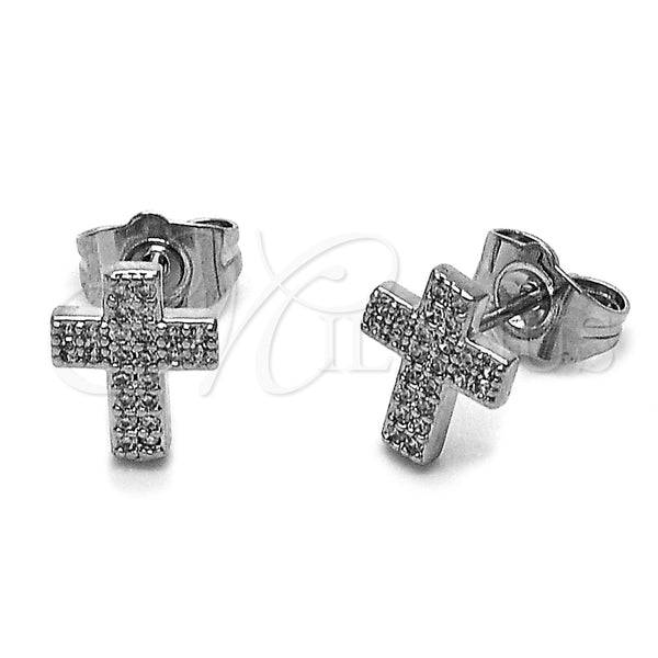 Rhodium Gold Filled Stud Earring, Cross Design, with White Micro Pave, Polished, Rhodium Finish, 02.100.0144.1