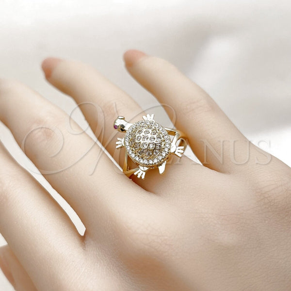 Oro Laminado Multi Stone Ring, Gold Filled Style Turtle Design, with White and Ruby Micro Pave, Polished, Golden Finish, 01.100.0002 (One size fits all)