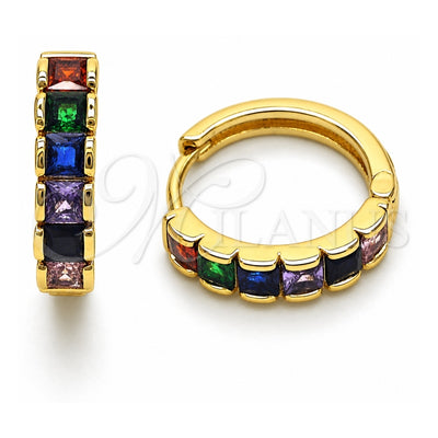 Oro Laminado Huggie Hoop, Gold Filled Style with Multicolor Cubic Zirconia, Polished, Golden Finish, 02.413.0006.18