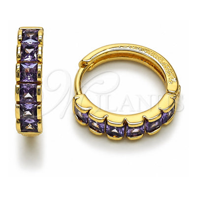 Oro Laminado Huggie Hoop, Gold Filled Style with Amethyst Cubic Zirconia, Polished, Golden Finish, 02.413.0006.4.18