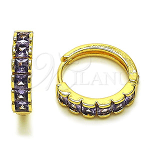 Oro Laminado Huggie Hoop, Gold Filled Style with Amethyst Cubic Zirconia, Polished, Golden Finish, 02.413.0006.4.18