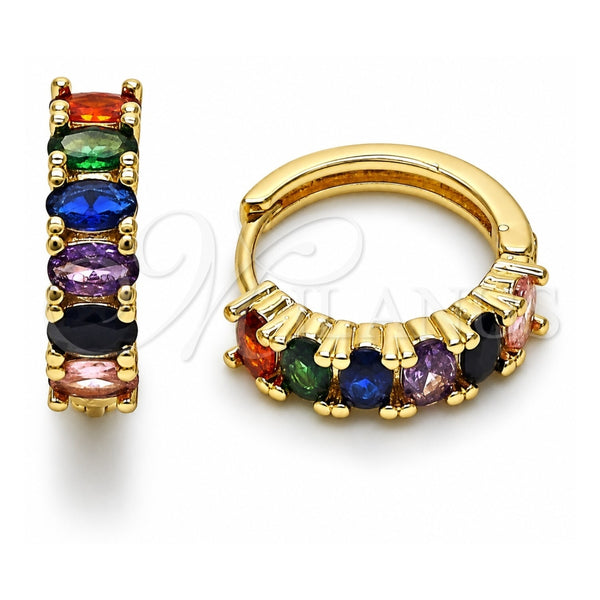 Oro Laminado Huggie Hoop, Gold Filled Style with Multicolor Cubic Zirconia, Polished, Golden Finish, 02.413.0007.18