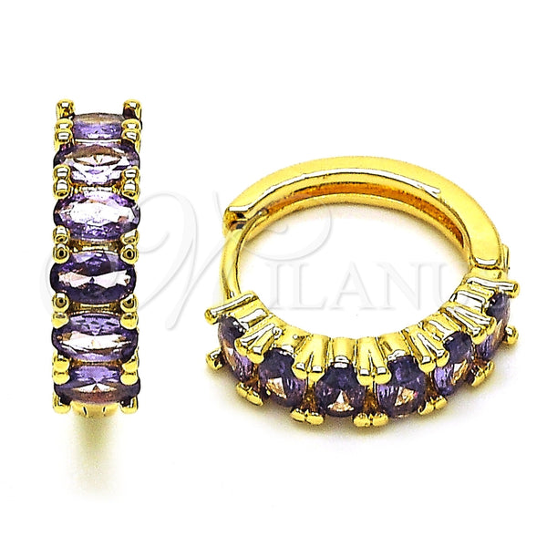 Oro Laminado Huggie Hoop, Gold Filled Style with Amethyst Cubic Zirconia, Polished, Golden Finish, 02.413.0007.4.18