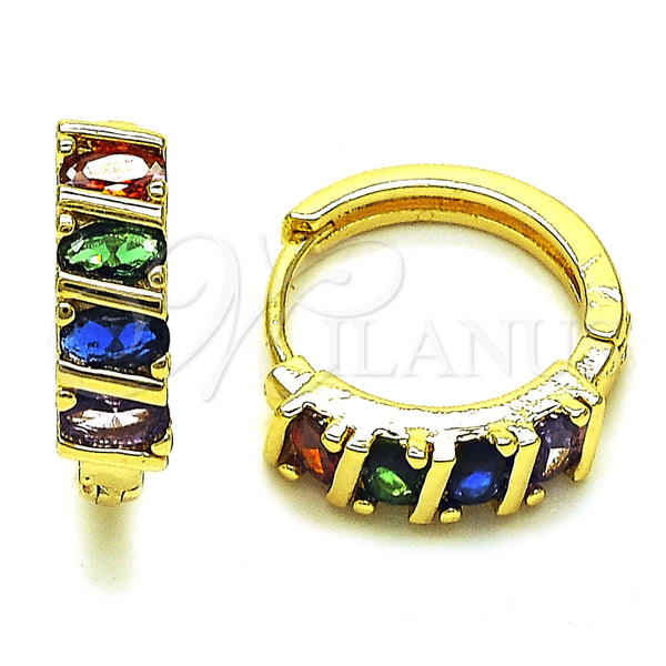Oro Laminado Huggie Hoop, Gold Filled Style with Multicolor Cubic Zirconia, Polished, Golden Finish, 02.210.0025.1.18