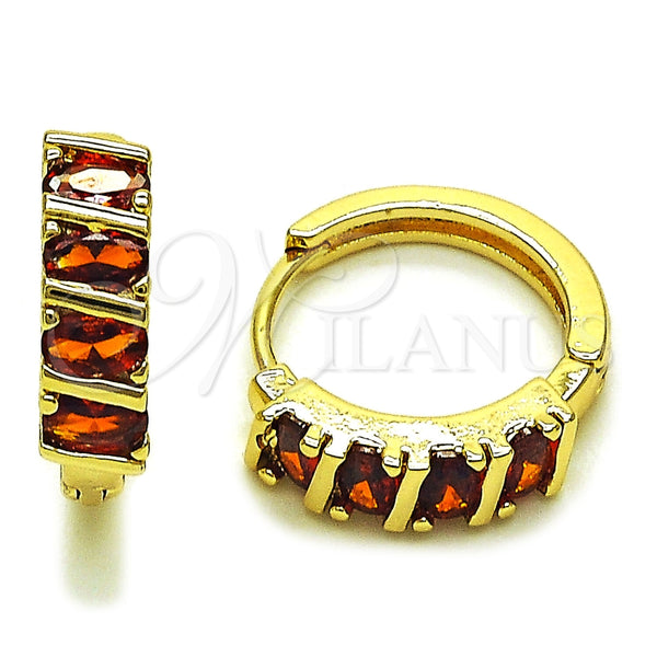 Oro Laminado Huggie Hoop, Gold Filled Style with Garnet Cubic Zirconia, Polished, Golden Finish, 02.210.0025.9.18