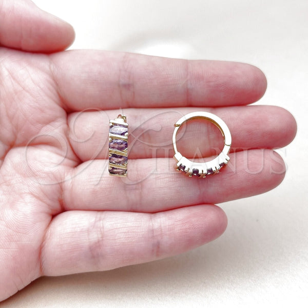 Oro Laminado Huggie Hoop, Gold Filled Style with Amethyst Cubic Zirconia, Polished, Golden Finish, 02.210.0025.12.18