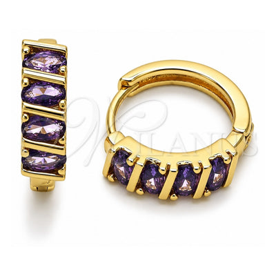 Oro Laminado Huggie Hoop, Gold Filled Style with Amethyst Cubic Zirconia, Polished, Golden Finish, 02.210.0025.12.18