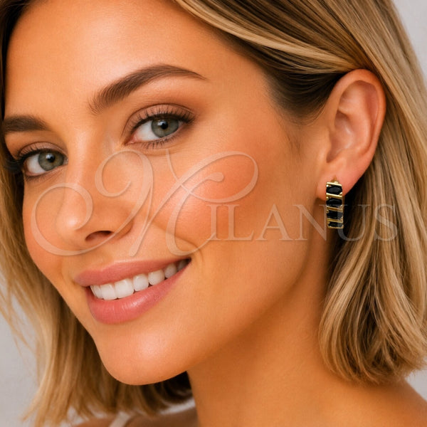 Oro Laminado Huggie Hoop, Gold Filled Style with Black Cubic Zirconia, Polished, Golden Finish, 02.210.0025.13.18