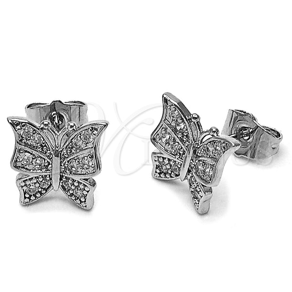 Rhodium Gold Filled Stud Earring, Butterfly Design, with White Cubic Zirconia, Polished, Rhodium Finish, 02.266.0092