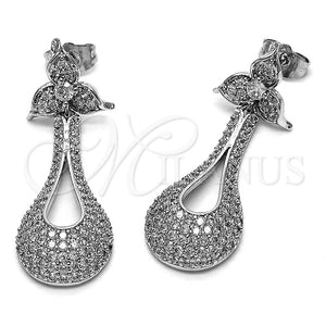 Rhodium Gold Filled Dangle Earring, Teardrop and Flower Design, with White Cubic Zirconia, Polished, Rhodium Finish, 02.266.0096