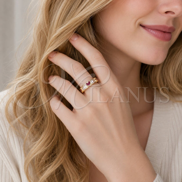 Oro Laminado Multi Stone Ring, Gold Filled Style Heart and Baguette Design, with Ruby and White Cubic Zirconia, Polished, Golden Finish, 01.266.0109 (One size fits all)