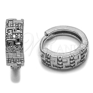 Rhodium Gold Filled Huggie Hoop, Greek Key Design, with White Micro Pave, Polished, Rhodium Finish, 02.266.0102.15