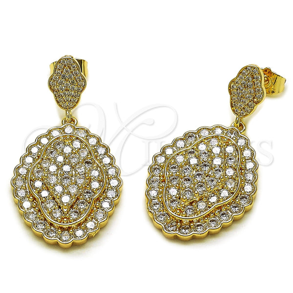 Oro Laminado Dangle Earring, Gold Filled Style Cluster Design, with White Cubic Zirconia and White Micro Pave, Polished, Golden Finish, 02.266.0113