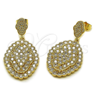Oro Laminado Dangle Earring, Gold Filled Style Cluster Design, with White Cubic Zirconia and White Micro Pave, Polished, Golden Finish, 02.266.0113