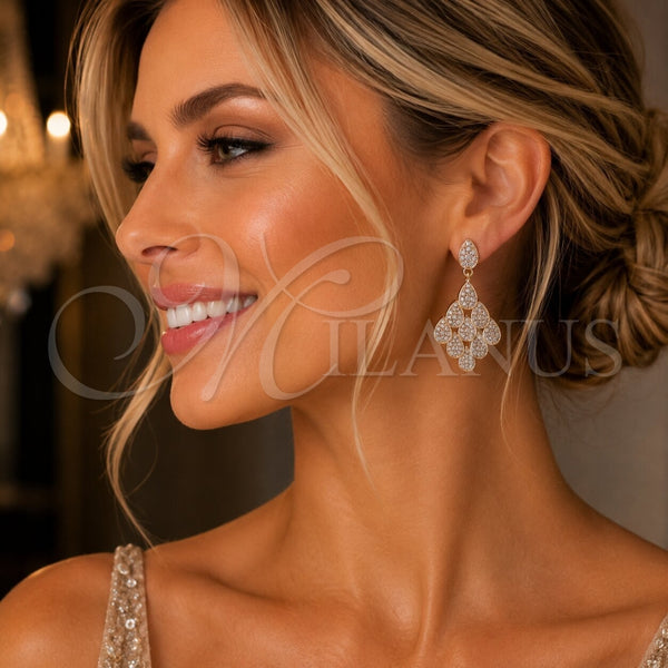 Oro Laminado Dangle Earring, Gold Filled Style Teardrop Design, with White Cubic Zirconia, Polished, Golden Finish, 02.266.0114