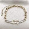 Oro Laminado Fancy Bracelet, Gold Filled Style Infinite and Baguette Design, with White Cubic Zirconia, Polished, Golden Finish, 03.266.0078.08 (07 MM Thickness, 8 Inches Length)