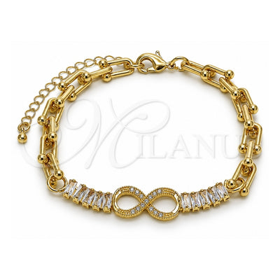 Oro Laminado Fancy Bracelet, Gold Filled Style Infinite and Baguette Design, with White Cubic Zirconia, Polished, Golden Finish, 03.266.0078.08 (07 MM Thickness, 8 Inches Length)